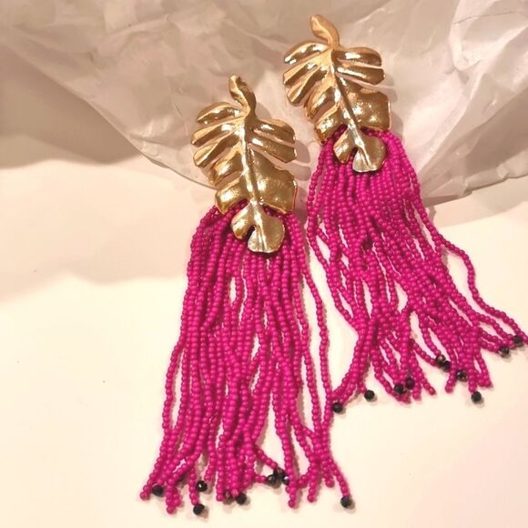New ZARA ISLAND VIBES palm leaf beaded fringe dangle earrings - Picture 4 of 10